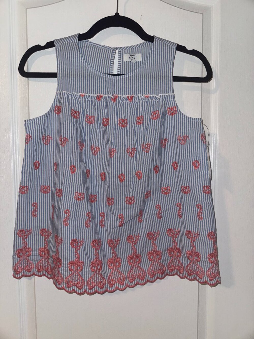 Crown & Ivy Kids Girls Large Blue Striped Coral Embroidered Sleeveless Top
